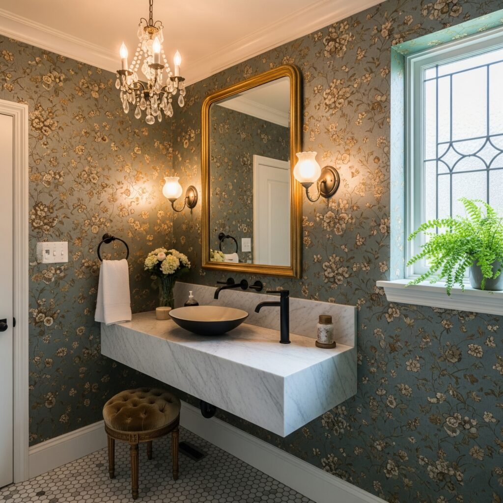 Vintage-style powder room - Space Ideas World bathroom remodel